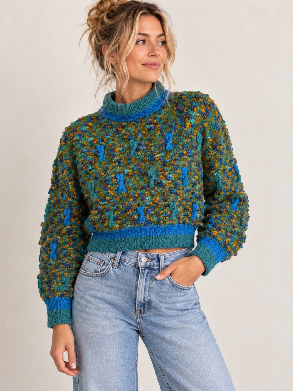 Handmade Wool Bouclé Textured Cropped Sweater